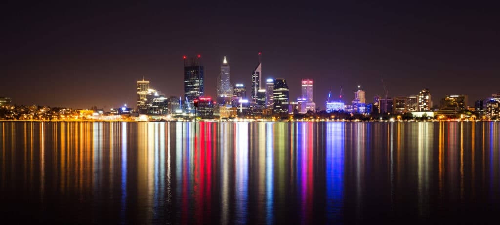 Spectacular night shot of the Perth skyline reflecting on the Swan River